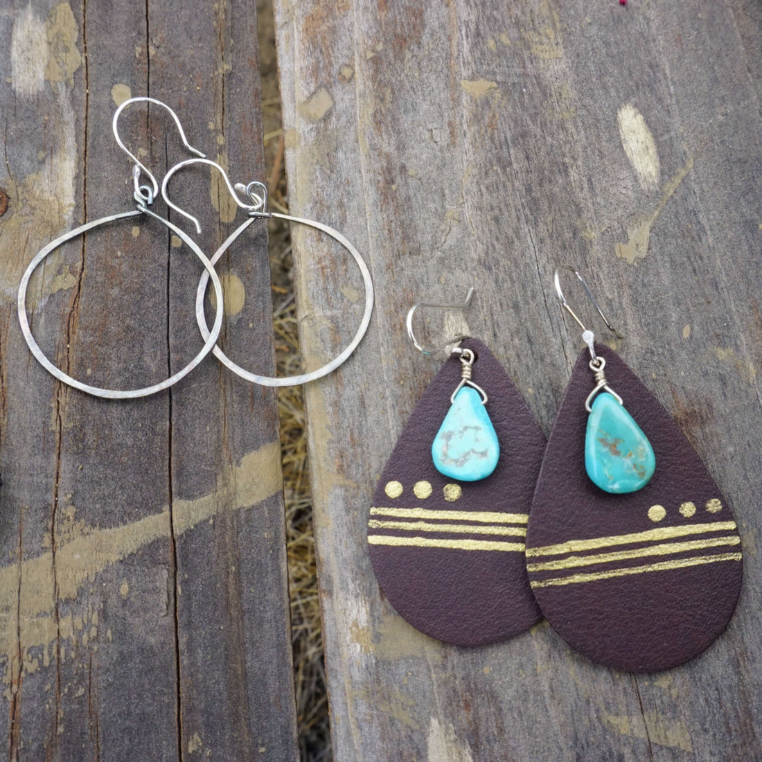 Sterling Silver Hoops + Leather Teardrop Earrings with Turquoise Gemstones